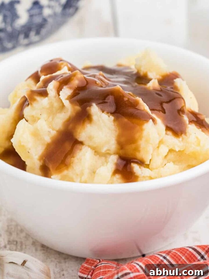 A bowl full of mashed potatoes with brown gravy on top.