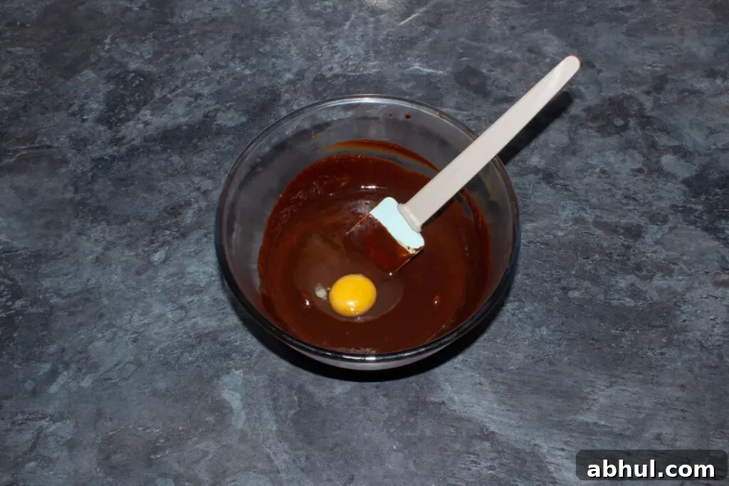 Melted chocolate, butter and egg in a mixing bowl